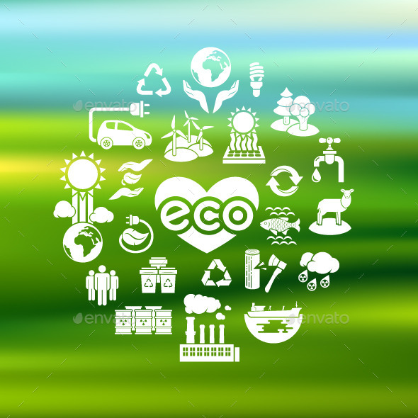 Eco Icons Silhouettes on Blurred Background (Abstract)