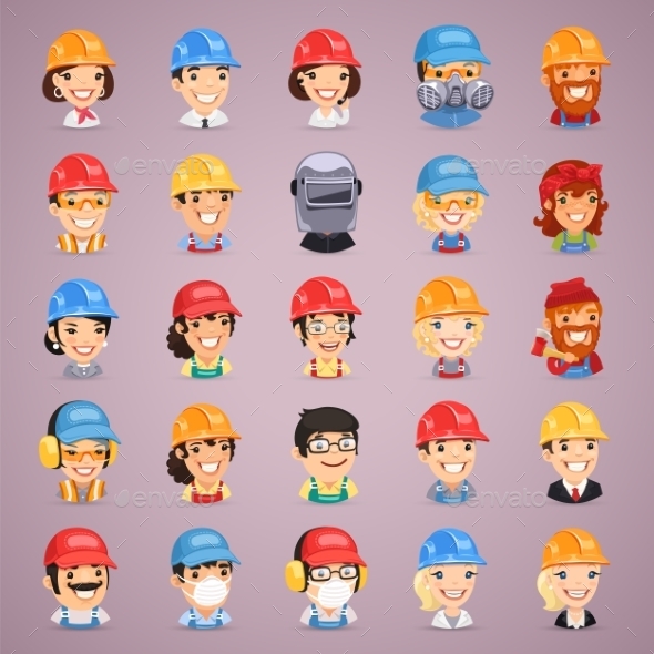 Builders Cartoon Characters Icons Set (People)