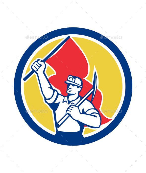 Coal Miner Hardhat Holding Axe and Flag Retro