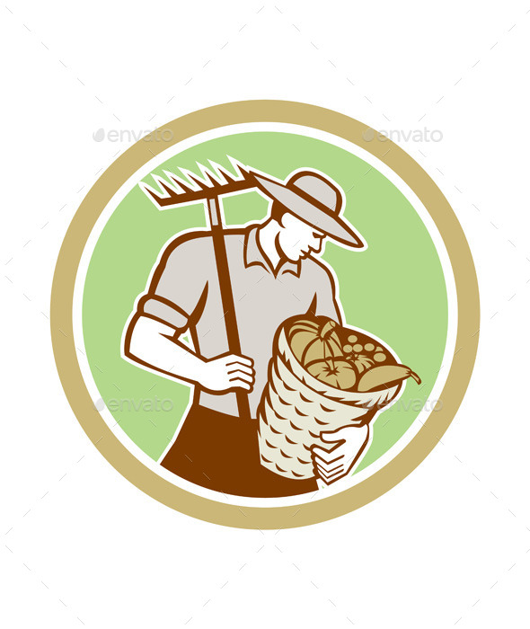 GraphicRiver Organic Farmer Holding Rake Harvest Basket Retro 9290560 GraphicRiver Organic Farmer Holding Rake Harvest Basket Retro 9290560