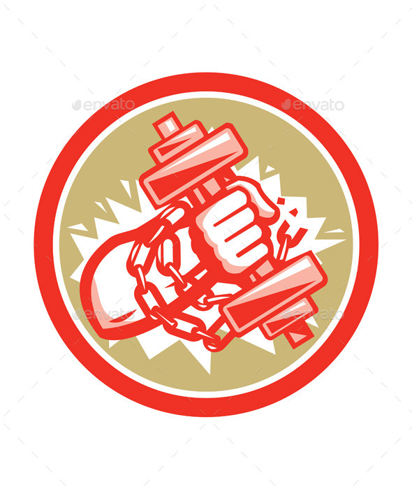 GraphicRiver Hand Holding Dumbbell Chains Circle Retro 9291668 GraphicRiver Hand Holding Dumbbell Chains Circle Retro 9291668
