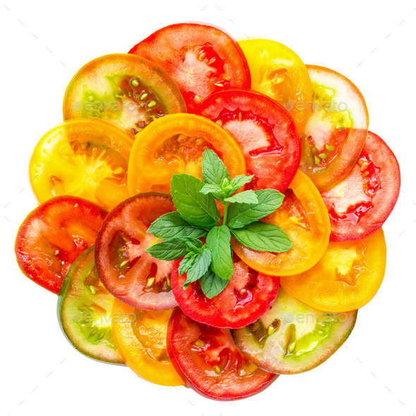 Healthy natural food colorful Tomato Slices and green mint, Fre (Misc) Photo Download