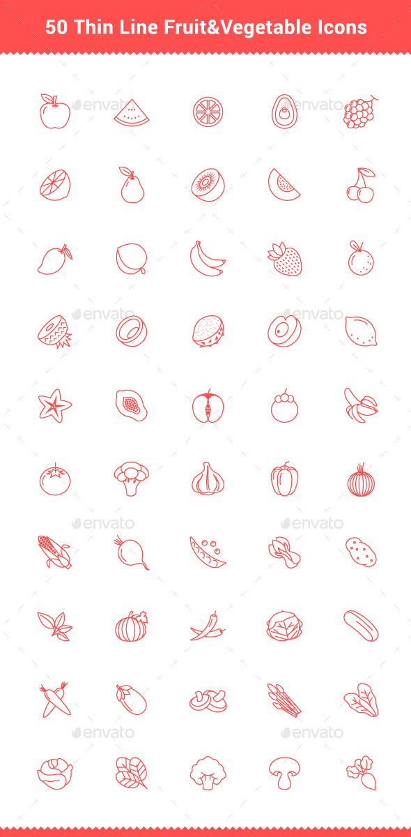 50 Thin Line Stroke Fruit and Vegetable Icons (Food)