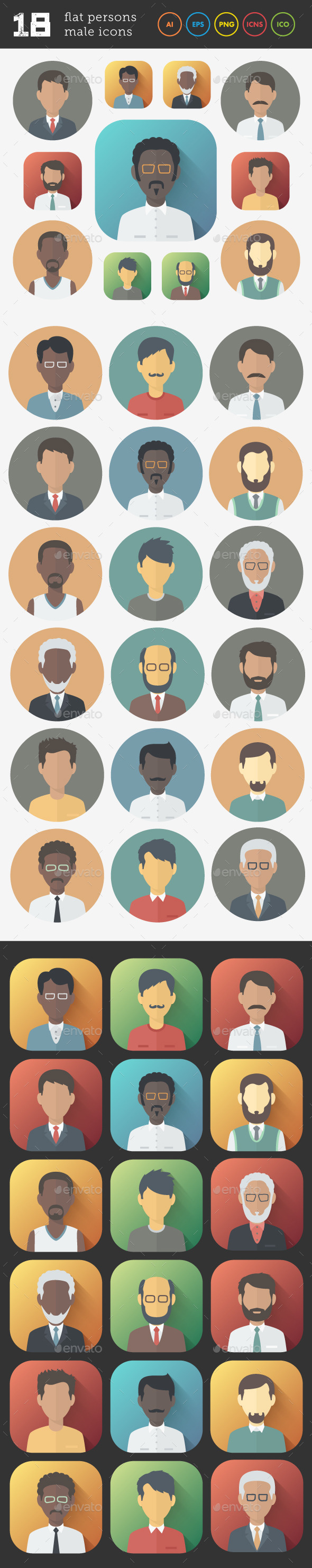 Flat Icons Set of Male Persons (People)