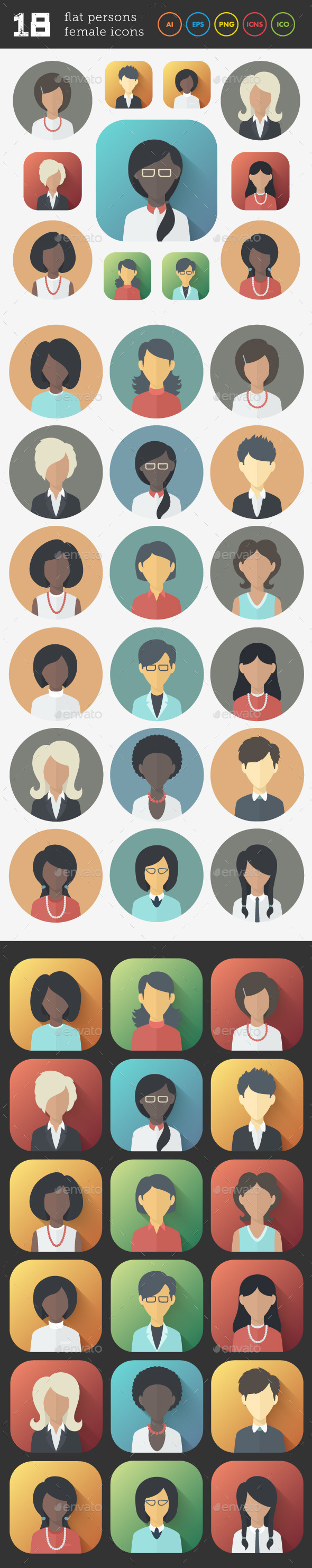 Flat Icons Set of Female Persons (People)