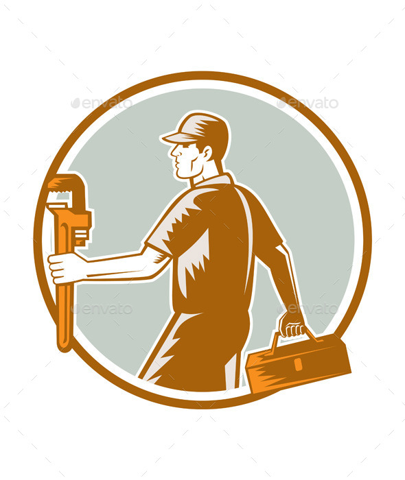 GraphicRiver Plumber Carry Toolbox Wrench Circle Woodcut 9335647 GraphicRiver Plumber Carry Toolbox Wrench Circle Woodcut 9335647