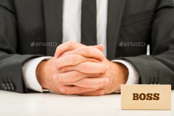 Boss Text on Wooden Piece in Front Businessman (Misc) Photo Download