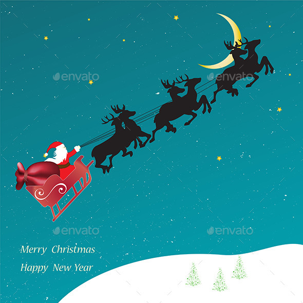 Christmas Card, Flying Sledge with Santa Claus