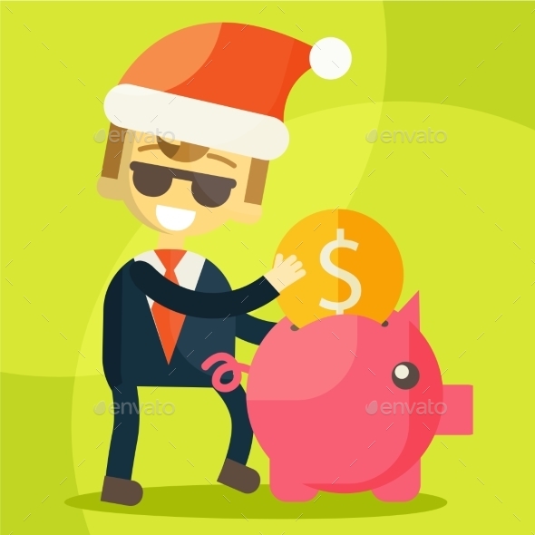 Businessman putting Coin into Piggy Bank Businessman putting Coin into Piggy Bank