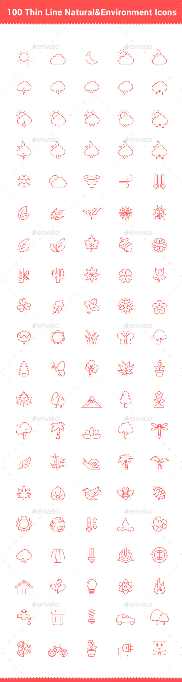 100 Thin Line Stroke Natural and Environment Icons (Icons)