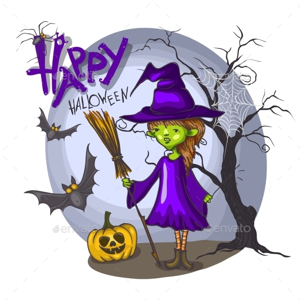 Cartoon Witch Girl with Bat Broom and Pumpkins Cartoon Witch Girl with Bat Broom and Pumpkins
