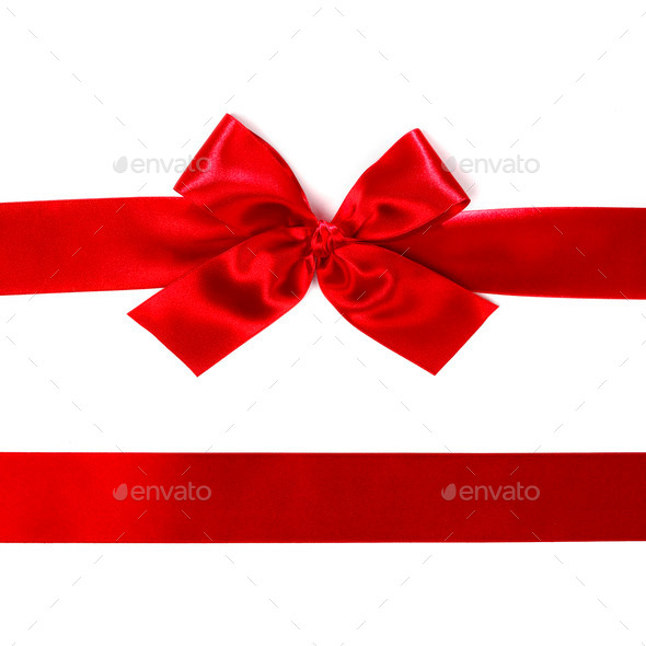 Red satin bow ribbon on white (Misc) Photo Download