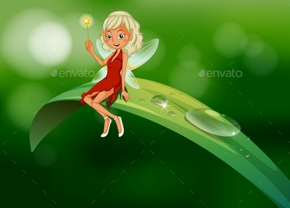 Fairy with a Wand Sitting on a Leaf