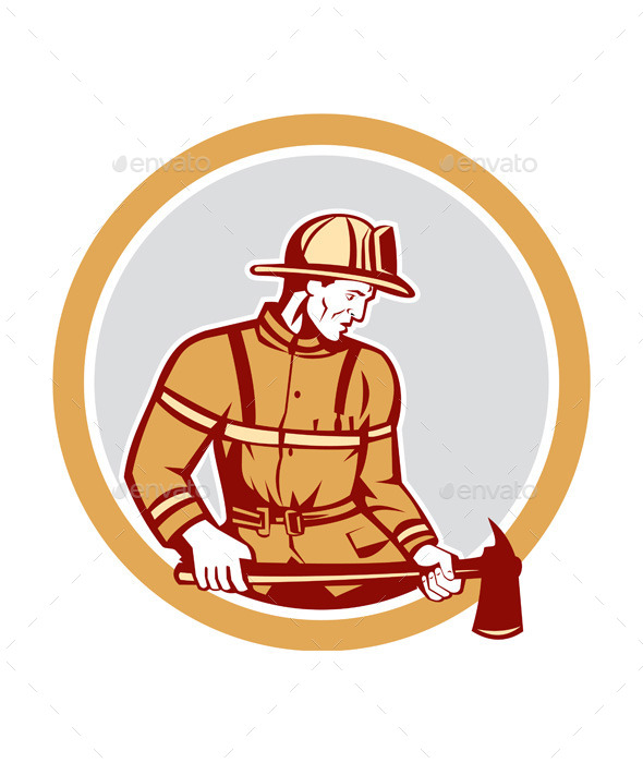 Firefighter Holding Fire Axe Circle (People)