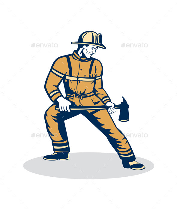 Firefighter Standing Holding Fire Axe (People)