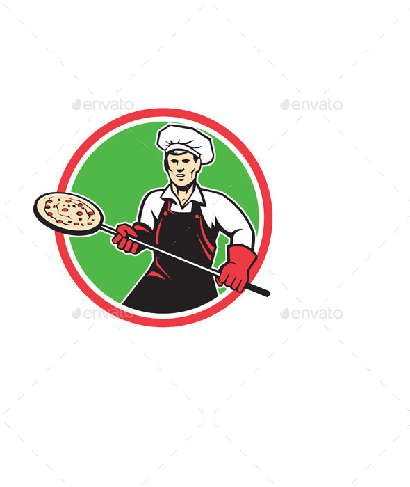 Pizza Maker Holding Peel Circle Retro (People)