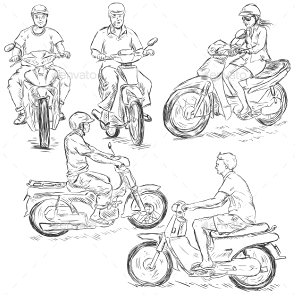 Set of Sketch Riders on Motorbikes (People)