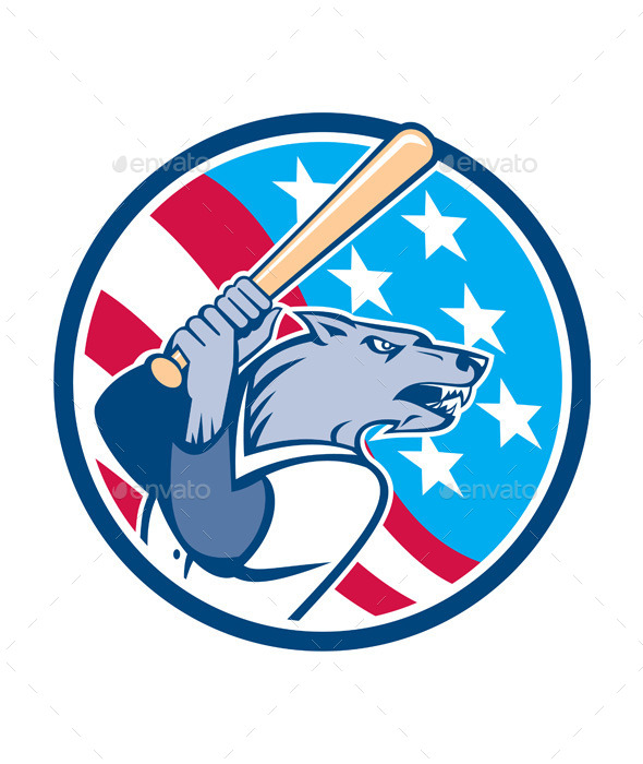 Wolf Baseball with Bat USA Stars Circle Wolf Baseball with Bat USA Stars Circle