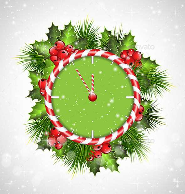 GraphicRiver Candy Cane Clock with Holly and Pine 9426705 GraphicRiver Candy Cane Clock with Holly and Pine 9426705