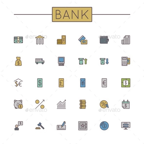 Vector Colored Bank Line Icons (Business)