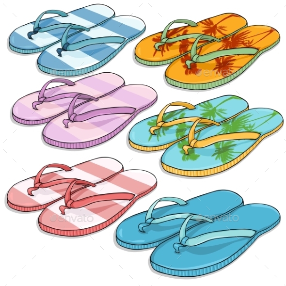 GraphicRiver Vector Set of Cartoon Beach Slippers 9447904 GraphicRiver Vector Set of Cartoon Beach Slippers 9447904