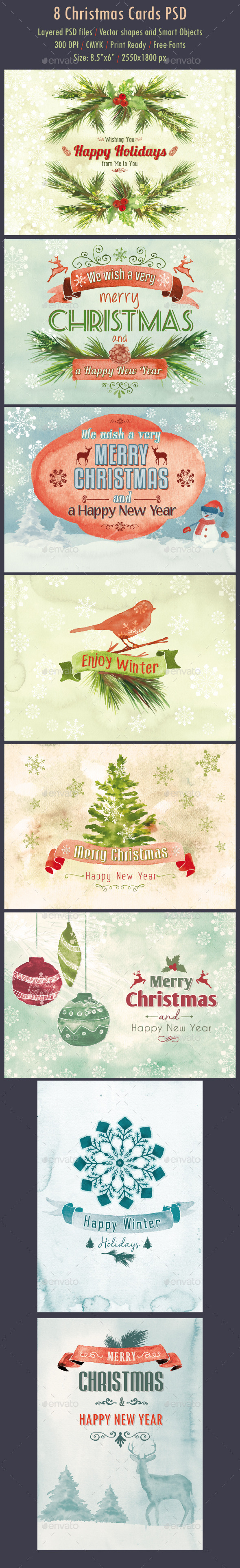 8 Watercolor Christmas Cards PSD