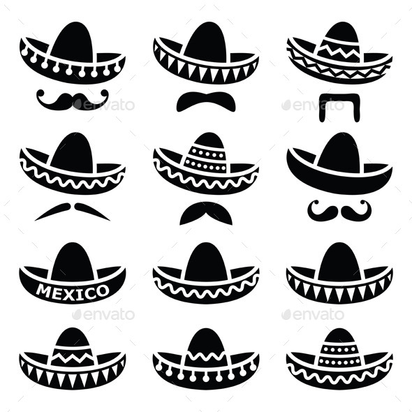 GraphicRiver Mexican Sombrero Hat with Moustache Icons 9473911 GraphicRiver Mexican Sombrero Hat with Moustache Icons 9473911