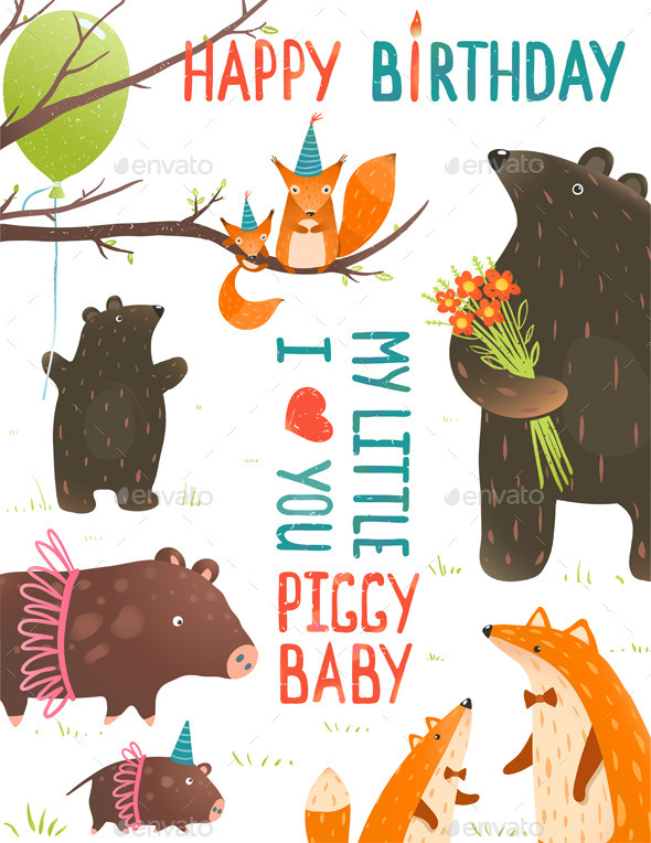 GraphicRiver Birthday Card with Forest Animals Mother and Baby 9475322 GraphicRiver Birthday Card with Forest Animals Mother and Baby 9475322