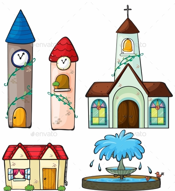 A Clock Tower, Church, House and Fountain (Buildings)