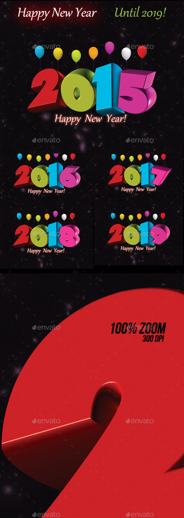 Happy New Year Set Until 2019 - Text 3D Renders