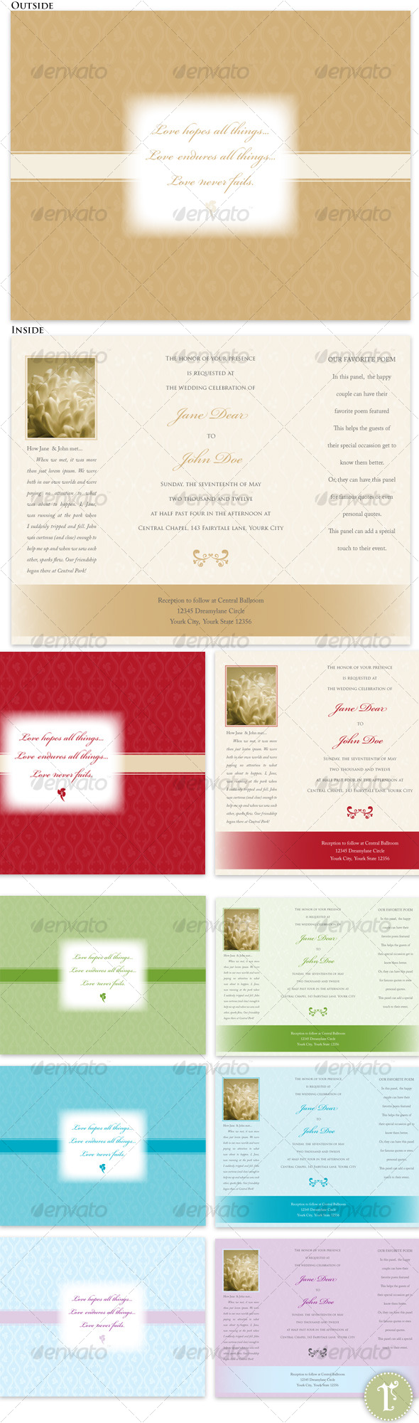 Trifold Wedding Invitations-Tan, Red, Teal, Green