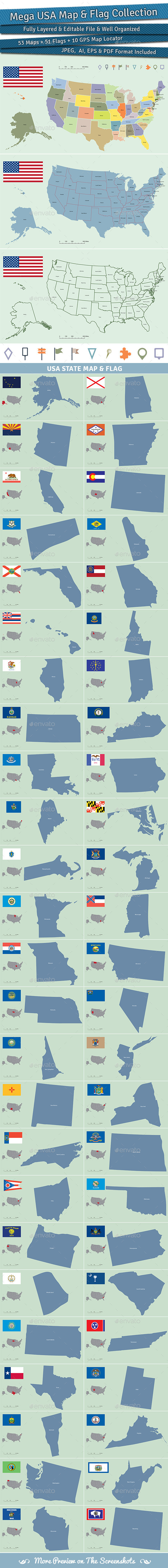 Mega USA Map and Flag Collection