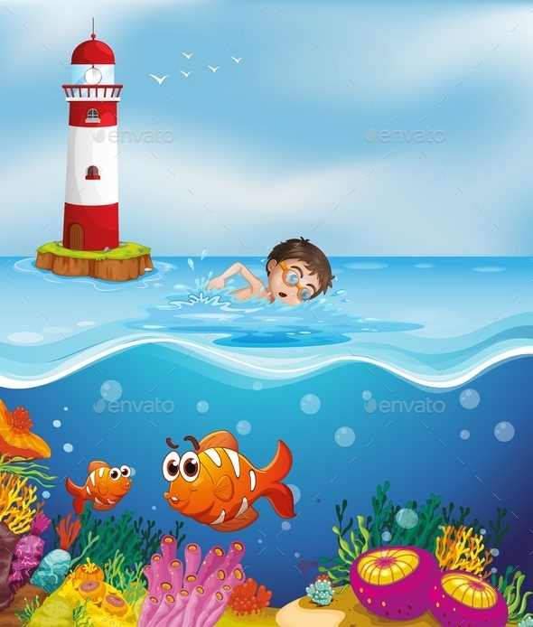 GraphicRiver Boy Swimming at the Beach with a Lighthouse 9494484 GraphicRiver Boy Swimming at the Beach with a Lighthouse 9494484
