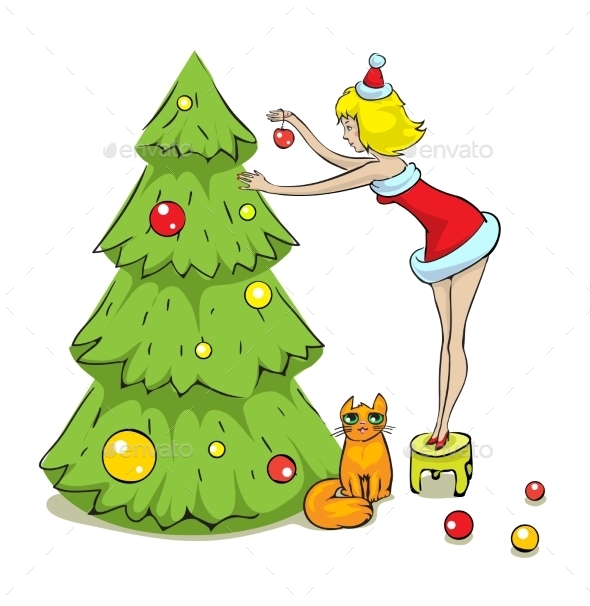 GraphicRiver Girl Cat and Christmas Tree 9497119 GraphicRiver Girl Cat and Christmas Tree 9497119