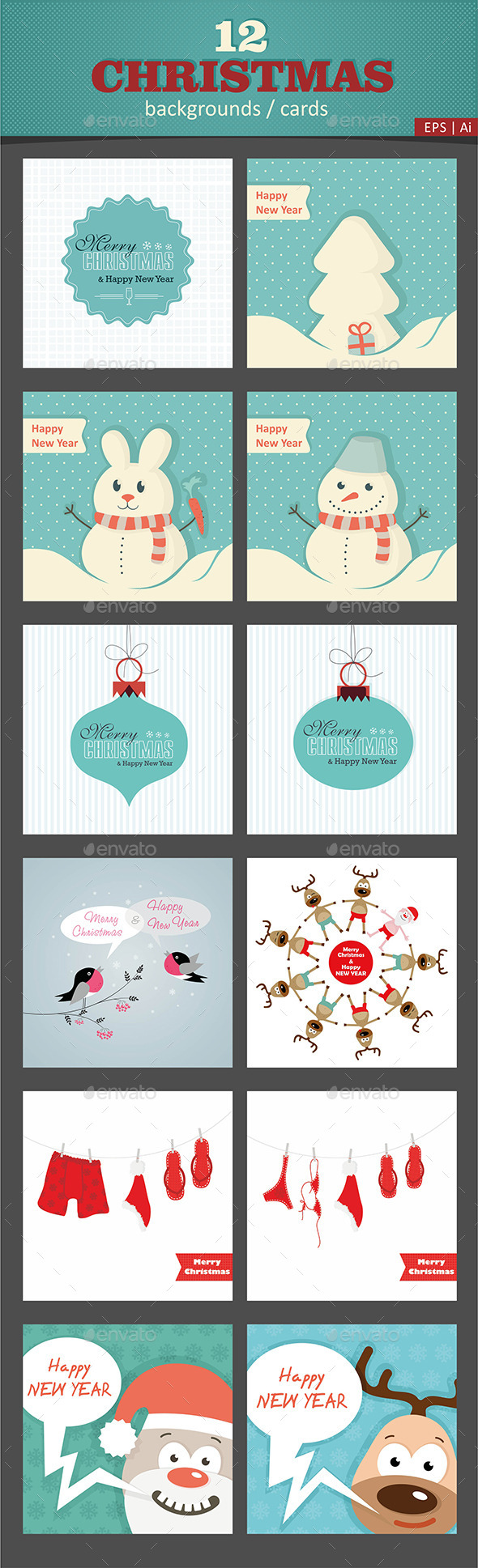 12 Christmas Vector Cards / Backgrounds