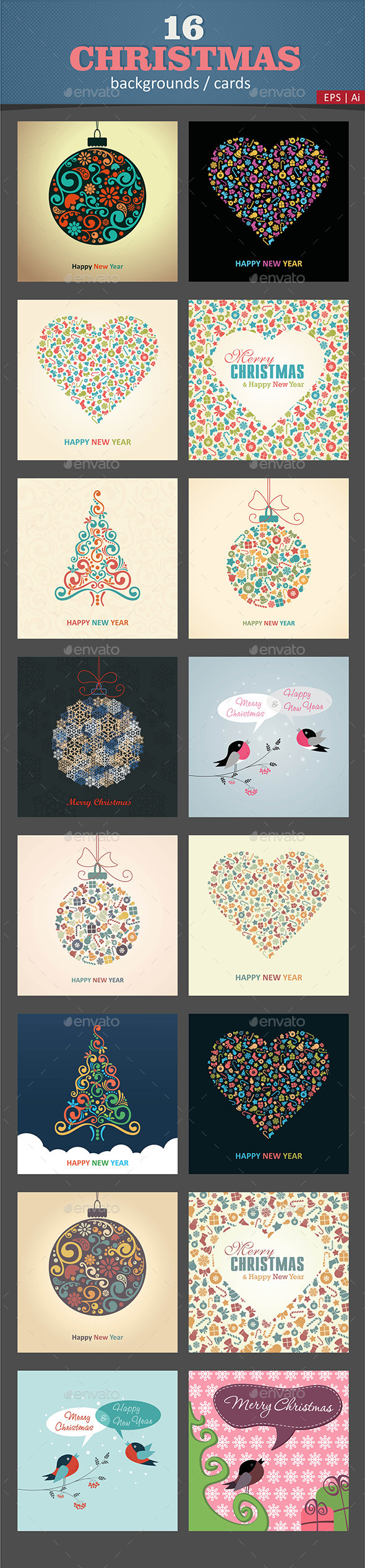 16 Christmas Cards / Backgrounds Vector