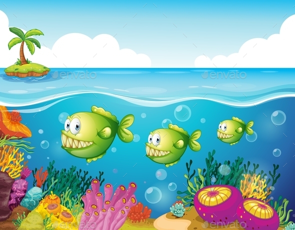 GraphicRiver Three Green Piranhas Under the Sea 9520883 GraphicRiver Three Green Piranhas Under the Sea 9520883