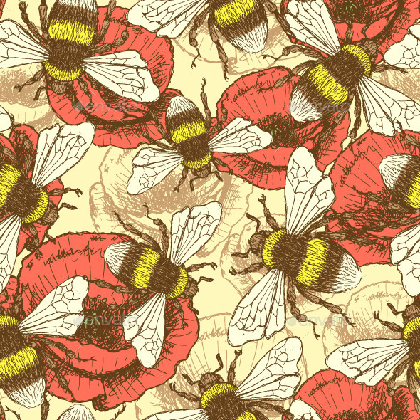GraphicRiver Sketch Bee and Poppy in Vintage Style 9523684 GraphicRiver Sketch Bee and Poppy in Vintage Style 9523684