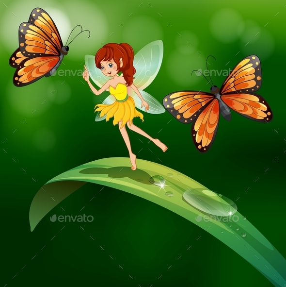 A Fairy Standing in a Leaf with Butterflies