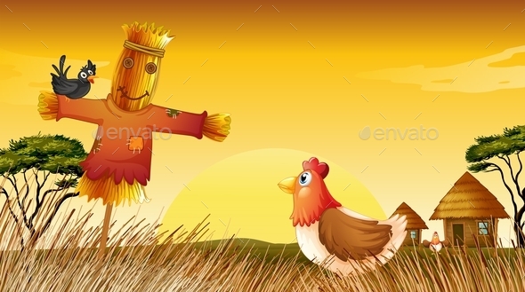 A Chicken with a Scarecrow and a Black Bird (Animals)