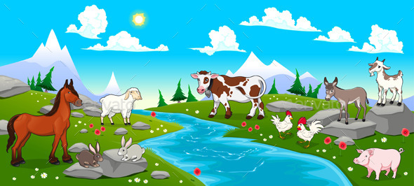 GraphicRiver Mountain Landscape with River and Animals 9542411 GraphicRiver Mountain Landscape with River and Animals 9542411