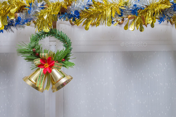 christmas background, bell decorate on white curtain (Misc) Photo Download