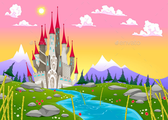 Fantasy Mountain Landscape with Medieval Castle (Landscapes)