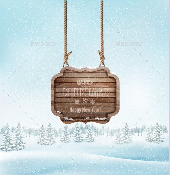 GraphicRiver Winter Christmas Landscape with a Wooden Sign 9559567 GraphicRiver Winter Christmas Landscape with a Wooden Sign 9559567