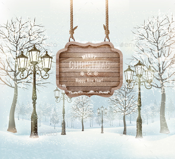 GraphicRiver Winter Christmas Landscape with a Wooden Sign 9559589 GraphicRiver Winter Christmas Landscape with a Wooden Sign 9559589