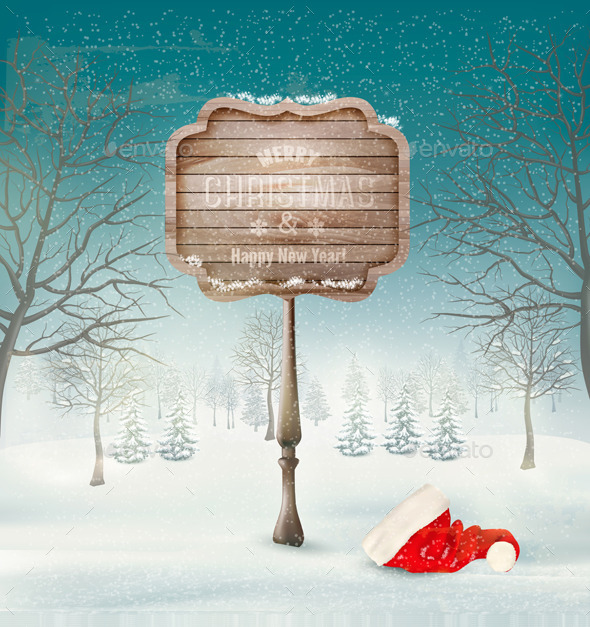 Winter Christmas Landscape with a Wooden Sign Winter Christmas Landscape with a Wooden Sign