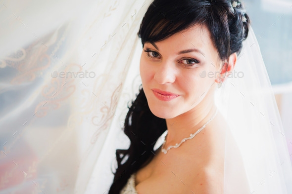 Happy beautiful bride blond girl in white wedding dress with hairstyle (Misc) Photo Download