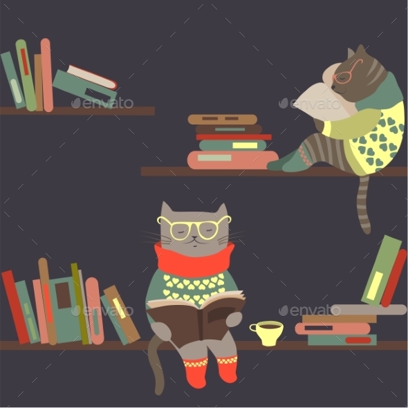 GraphicRiver Cats Reading Books on Bookshelves 9586425 GraphicRiver Cats Reading Books on Bookshelves 9586425