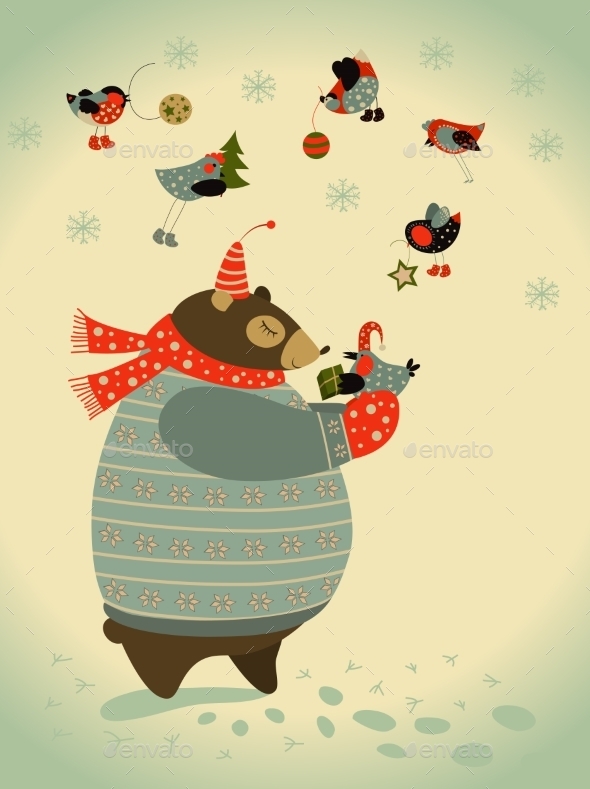 GraphicRiver Bear and Birds Celebrate Christmas 9586635 GraphicRiver Bear and Birds Celebrate Christmas 9586635