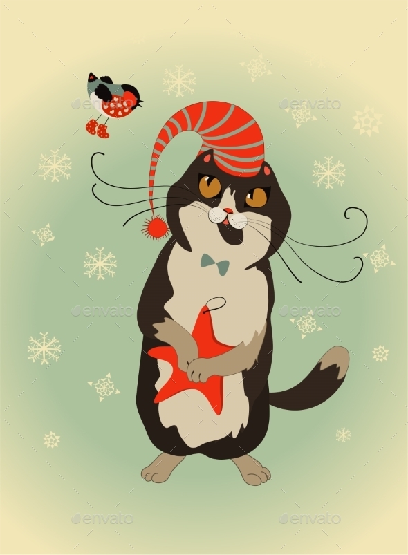 GraphicRiver Curious Cat and Bullfinch Celebrate Christmas 9586670 GraphicRiver Curious Cat and Bullfinch Celebrate Christmas 9586670